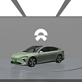 Light Green NIO Electric Sedan Showcased In Modern Showroom With White Walls And Ceiling Lights