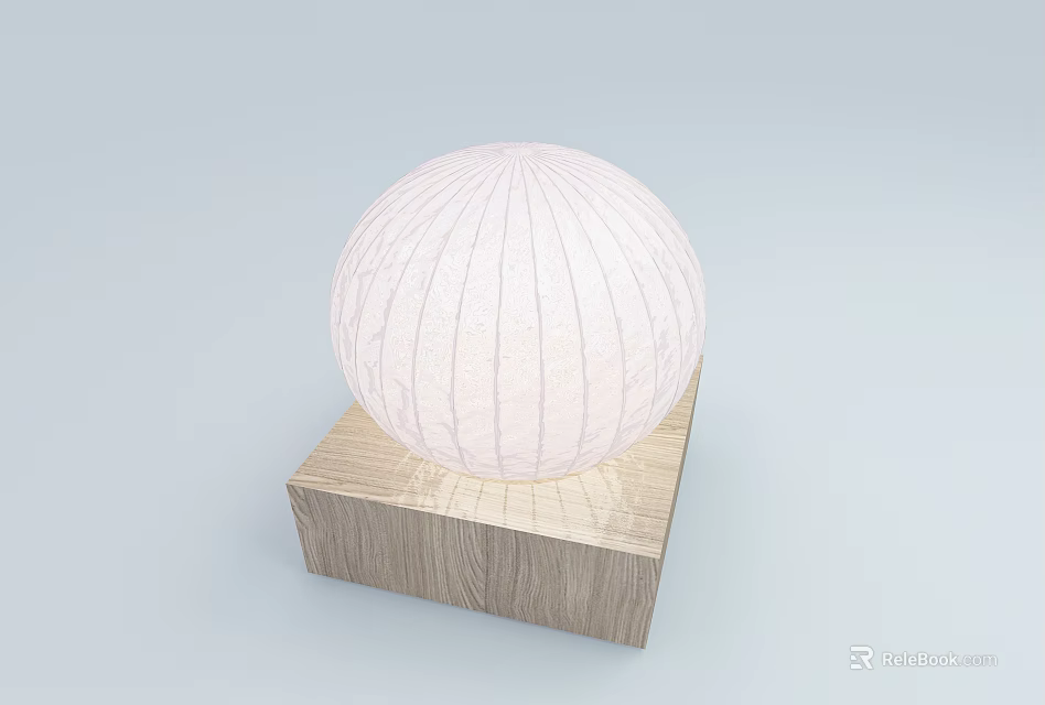White Striped Spherical Decorative Item With Detailed Texture On Wooden Square Base 3d model 