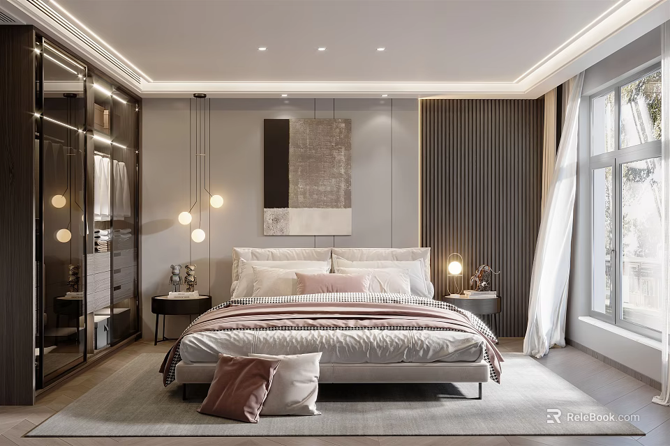 Modern Bedroom Interior Design With Comfortable Bed Pendant Lights Wall Art And Curtains 3d model 