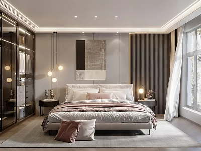 Modern Bedroom Interior Design With Comfortable Bed Pendant Lights Wall Art And Curtains 3d model