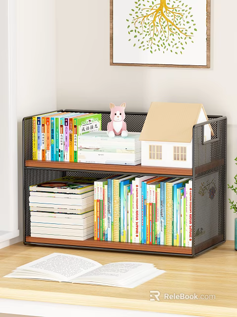 Modern Bookshelf with Various Books Cat Doll and Small House Model 3d model 