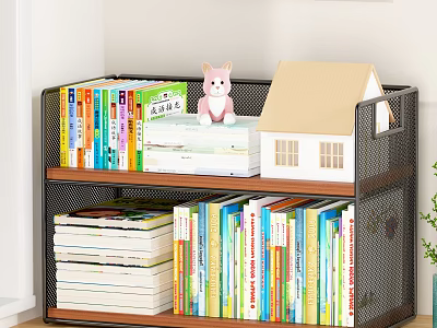 Modern Bookshelf with Various Books Cat Doll and Small House Model 3d model