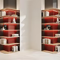 Modern Red And Dark Bookcase Interior Design With Layered Shelves Books And Decorations