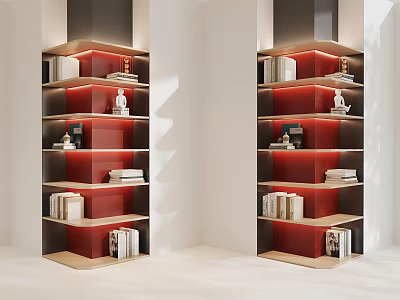 Modern Red And Dark Bookcase Interior Design With Layered Shelves Books And Decorations 3d model