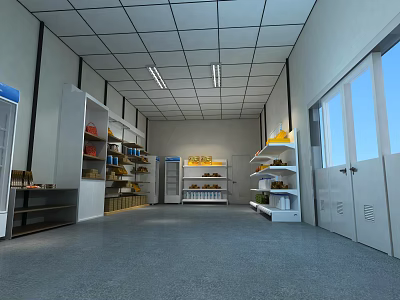 Spacious Storage Room Interior With Organized Shelves Freezers And Natural Lighting 3d model
