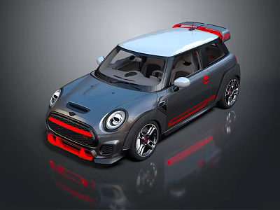 Gray Compact Car With White Roof Red Accents And Sporty Rear Spoiler 3d model