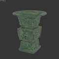 Ancient Green Bronze Sculpture With Intricate Animal Face Carvings And Square Base