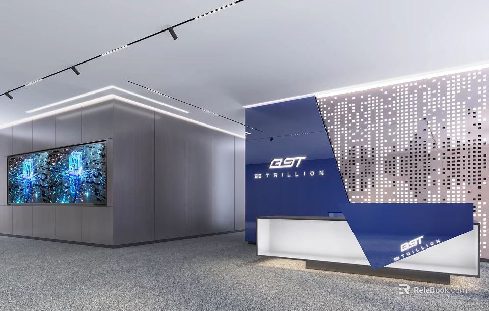 Modern Reception Desk With Blue Background Wall And Large Digital Screen Dot Pattern 3d model