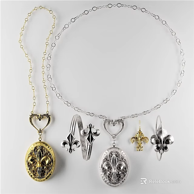 Silver And Gold Jewelry Ornament Combination With Heart Pendants And Fleur De Lis Decorative Designs 3d model 