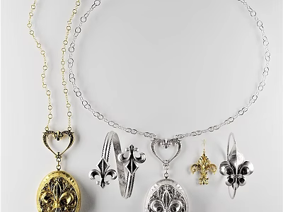 Silver And Gold Jewelry Ornament Combination With Heart Pendants And Fleur De Lis Decorative Designs 3d model