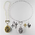 Silver And Gold Jewelry Ornament Combination With Heart Pendants And Fleur De Lis Decorative Designs