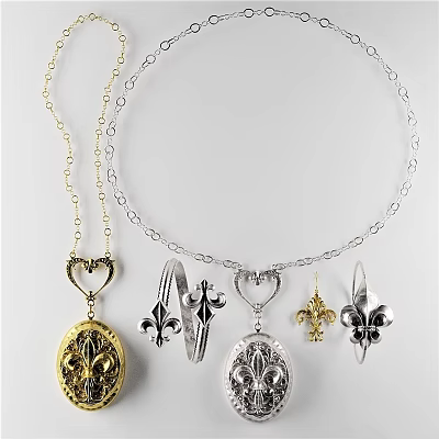 Silver And Gold Jewelry Ornament Combination With Heart Pendants And Fleur De Lis Decorative Designs 3d model