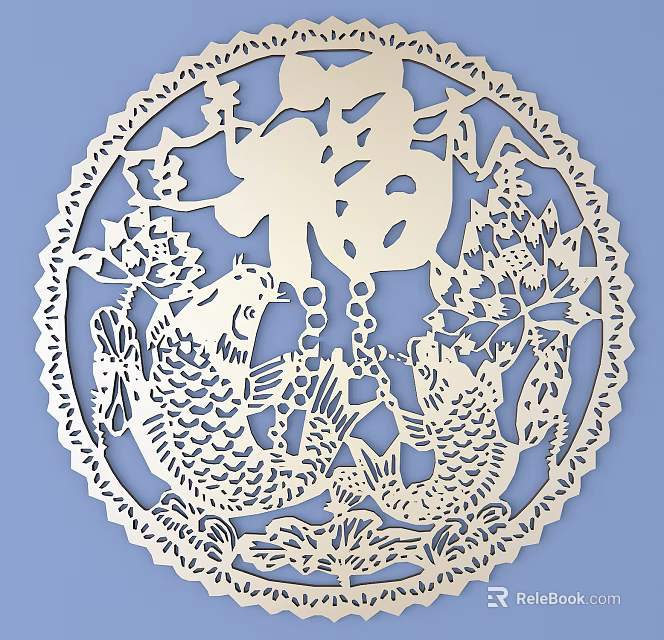 Traditional Intricate Paper Carving Art With Circular Design Fortune Character Fish And Lotus 3d model 