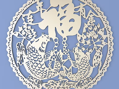 Traditional Intricate Paper Carving Art With Circular Design Fortune Character Fish And Lotus 3d model
