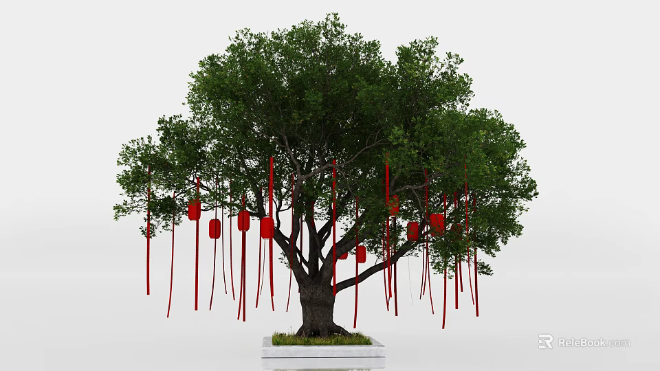 Art Installation Featuring Big Tree With Red Lanterns And Red Ribbons On White Square Base 3d model