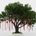 Art Installation Featuring Big Tree With Red Lanterns And Red Ribbons On White Square Base 3d model