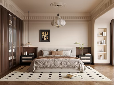 Elegant Modern Bedroom Interior With Bed Nightstands Chandelier And Area Rug 3d model