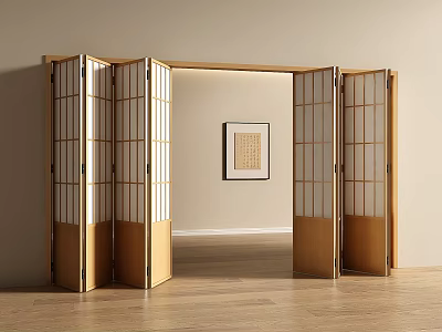 Wooden Folding Doors With Lattice Design In Modern Interior Space With Decorative Painting 3d model