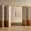 Wooden Folding Doors With Lattice Design In Modern Interior Space With Decorative Painting