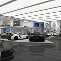 Car Dealership Interior With Luxury Sports Cars Display Wall And Lounge Area