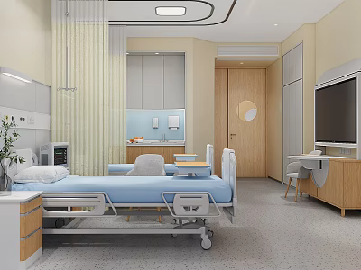 Hospital Room Interior With Blue Bed TV Cabinets And Medical Equipment 3d model