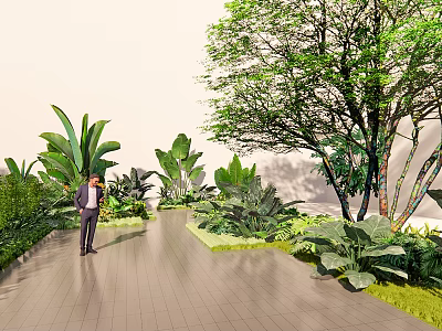 Diverse Flowers And Green Plants In Lush Garden With Trees Along Pathway 3d model