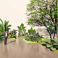 Diverse Flowers And Green Plants In Lush Garden With Trees Along Pathway