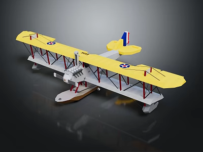 Yellow Biplane Seaplane Model with Float Landing Gear and Star Markings on Wings 3d model
