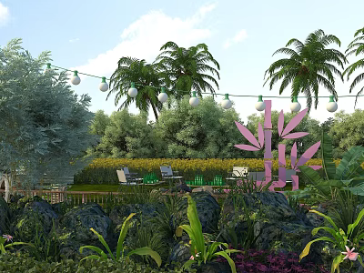 Tropical Garden Landscape with Palm Trees String Lights Pink Leaf Sculpture and Lush Green Plants 3d model