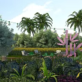 Tropical Garden Landscape with Palm Trees String Lights Pink Leaf Sculpture and Lush Green Plants