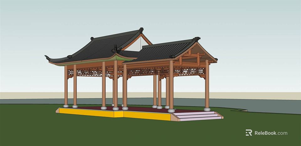 Chinese Style Wooden Pavilion With Black Tiled Roof Columns And Yellow Base Steps 3d model 