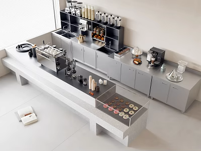 Stylish Coffee Bar Counter With Coffee Machine Pastry Display Case And Grey Cabinets 3d model