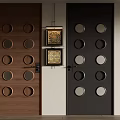 Wooden and Black Panel Swing Doors with Circular Cutouts in Modern Interior