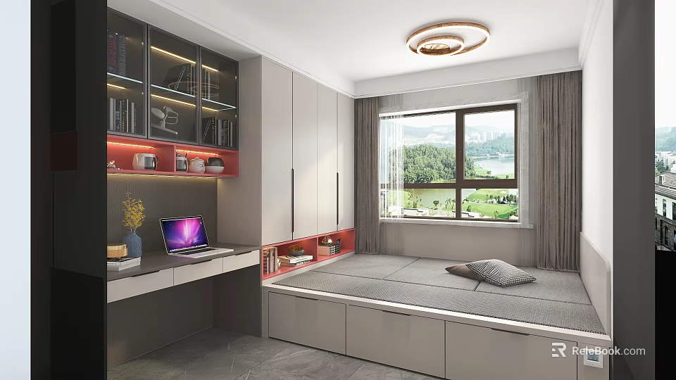 Modern Tatami Bedroom With Built in Desk Bookshelf And Scenic Window View 3d model 
