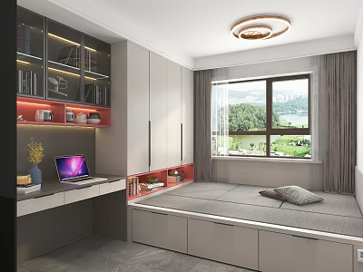 Modern Tatami Bedroom With Built in Desk Bookshelf And Scenic Window View 3d model