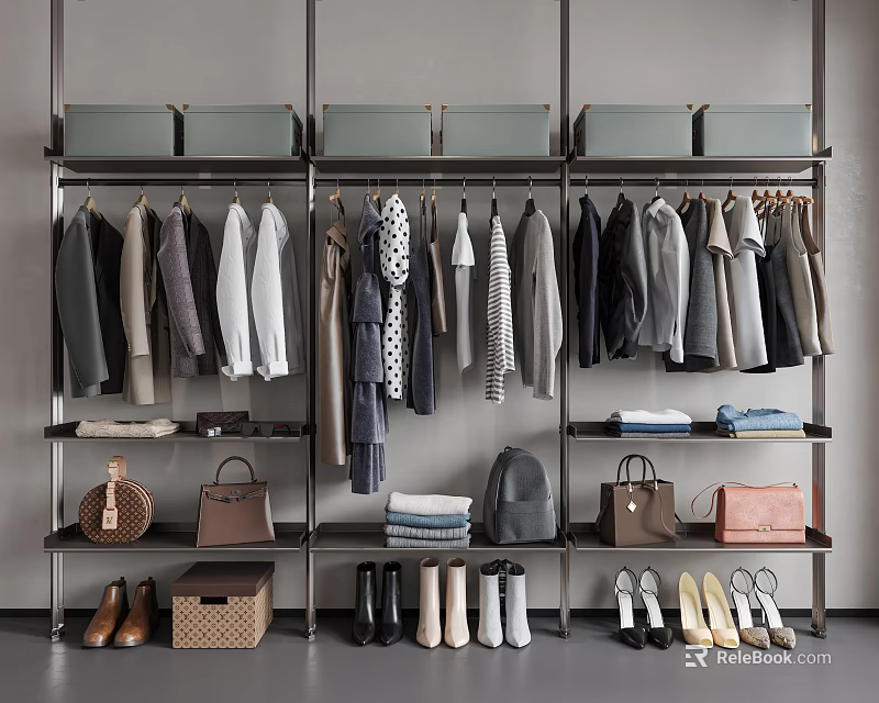 Various Stylish Clothes Hanging On Rack With Jackets Shirts Bags And Shoes 3d model 