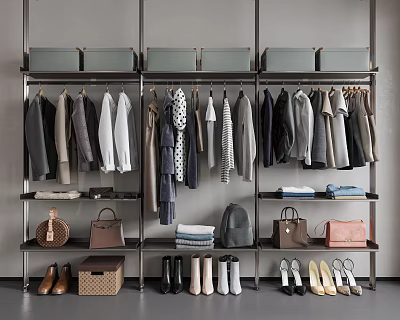 Various Stylish Clothes Hanging On Rack With Jackets Shirts Bags And Shoes 3d model