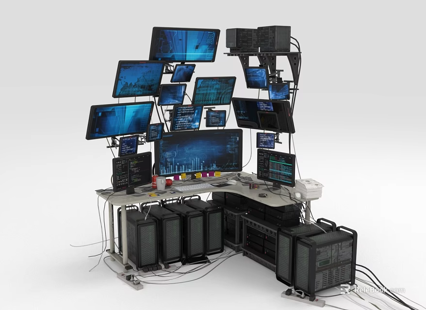 Professional Functional Desk With Multiple Monitors And Under Desk Servers Setup 3d model 