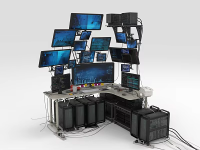Professional Functional Desk With Multiple Monitors And Under Desk Servers Setup 3d model