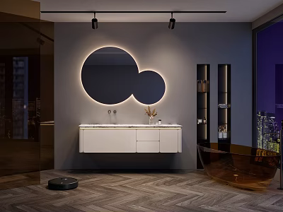 Modern Bathroom Vanity with Backlit Circular Mirrors Black Shelves and White Countertop 3d model