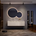 Modern Bathroom Vanity with Backlit Circular Mirrors Black Shelves and White Countertop