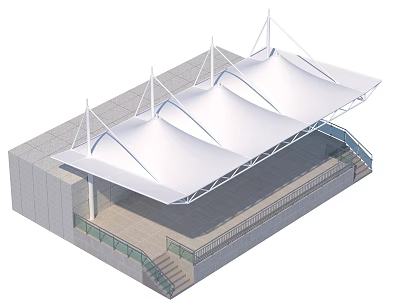 Modern White Tensile Membrane Canopy Structure With Grandstand Staircase And Glass Railing 3d model