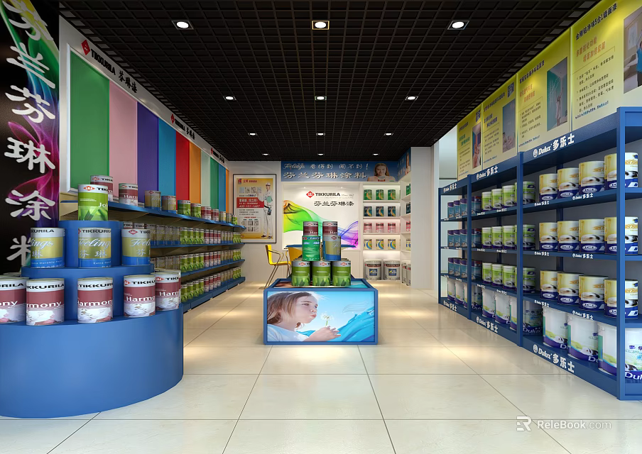 Paint Specialty Store Interior With Blue Shelves Colorful Walls And Cans On Display Stand 3d model 