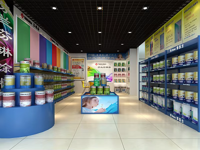 Paint Specialty Store Interior With Blue Shelves Colorful Walls And Cans On Display Stand 3d model