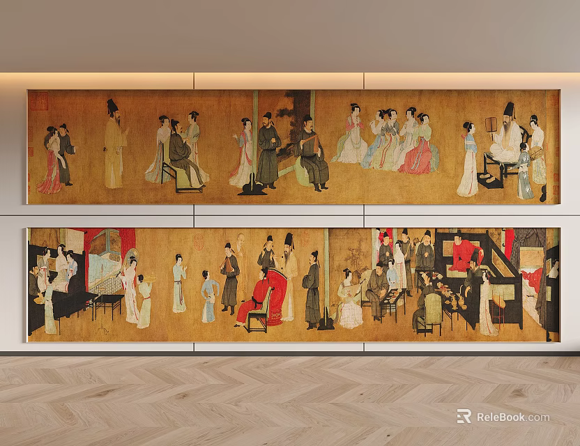 Ancient Chinese Figure Painting With Multiple Figures And Scroll Style Scenes 3d model