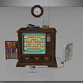 Vintage TV On Wooden Cabinet With Wall Clock Radio Bookcase With Books And Fan