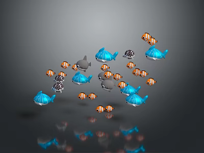 School of Blue Fish Orange Clownfish and Gray Fish Swimming in Dark Background with Reflections 3d model