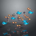 School of Blue Fish Orange Clownfish and Gray Fish Swimming in Dark Background with Reflections
