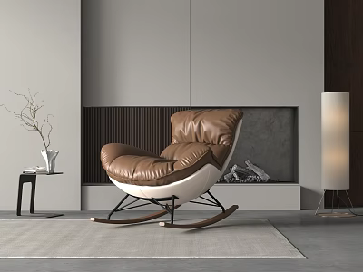Brown Leather Rocker Recliner in Modern Interior with Side Table Vase and Floor Lamp 3d model