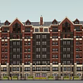 Red Brick Multi Story Building With Stone Base Windows And Decorative Roof 3d model